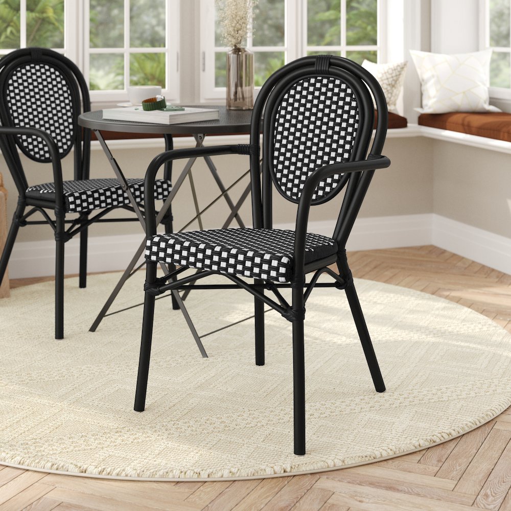Bistro Stacking Chair with Arms, Black and White Rattan and Black Aluminum Frame