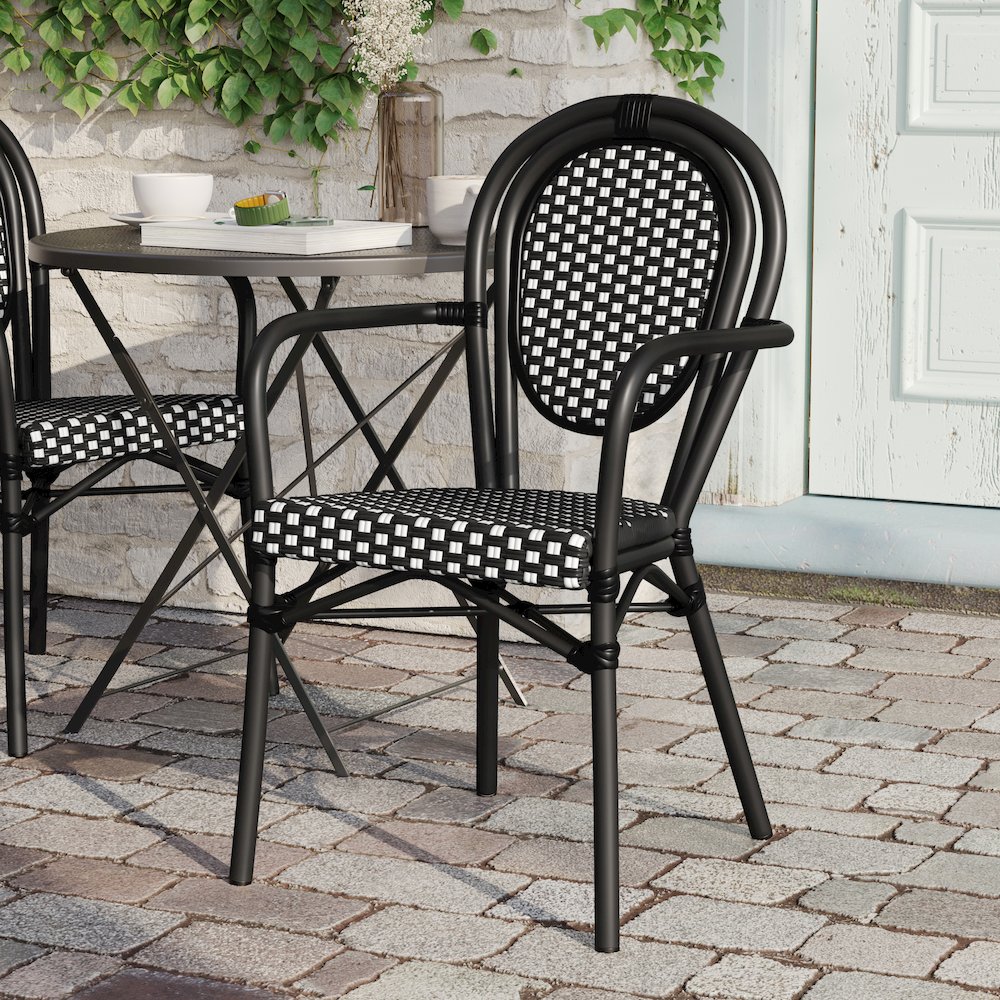 Bistro Stacking Chair with Arms, Black and White Rattan and Black Aluminum Frame