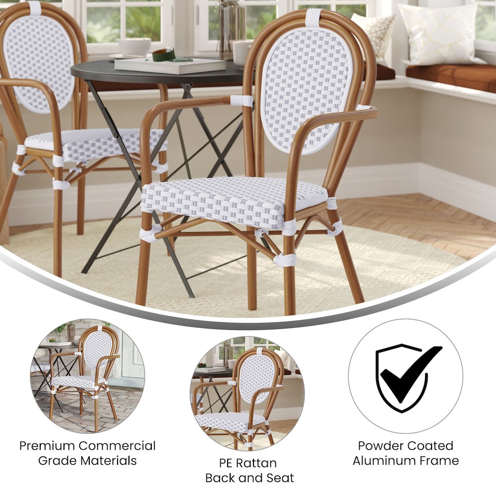 Classic Commercial Grade Indoor/Outdoor Bistro Chair, White & Gray/Natural Frame