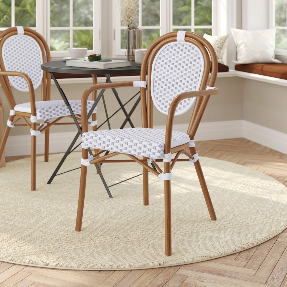Classic Commercial Grade Indoor/Outdoor Bistro Chair, White & Gray/Natural Frame