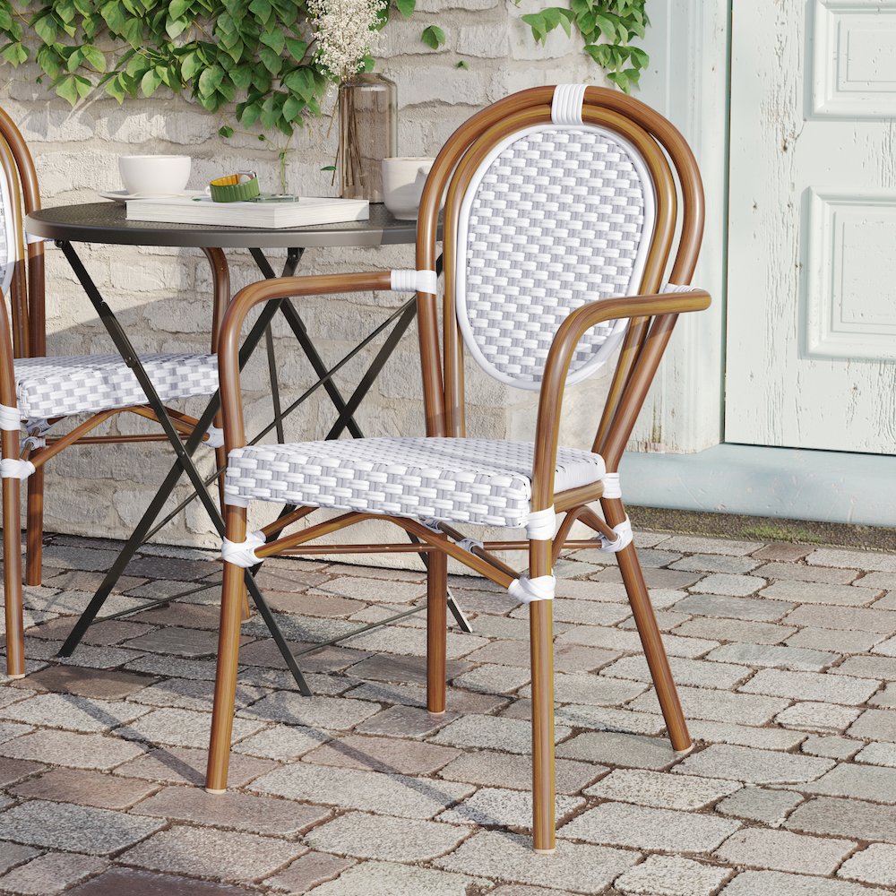 Classic Commercial Grade Indoor/Outdoor Bistro Chair, White & Gray/Natural Frame