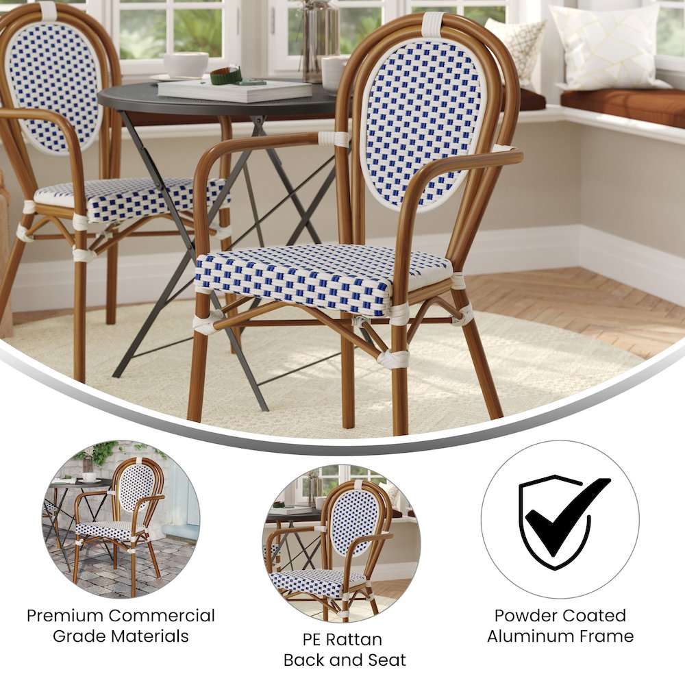 Classic Commercial Grade Indoor/Outdoor Bistro Chair, White & Navy/Natural Frame