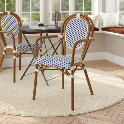 Classic Commercial Grade Indoor/Outdoor Bistro Chair, White & Navy/Natural Frame