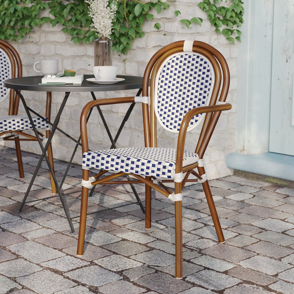 Classic Commercial Grade Indoor/Outdoor Bistro Chair, White & Navy/Natural Frame
