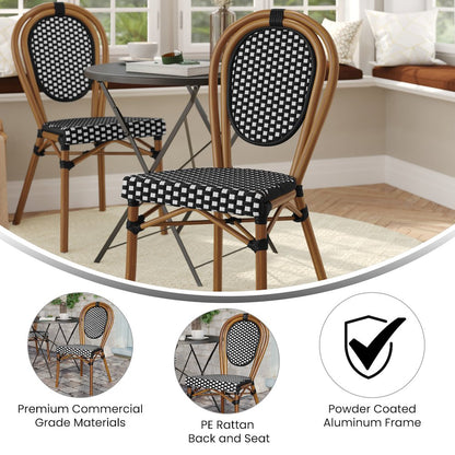 Bistro Stacking Chair, Black and White PE Rattan and Bamboo Print Aluminum Frame