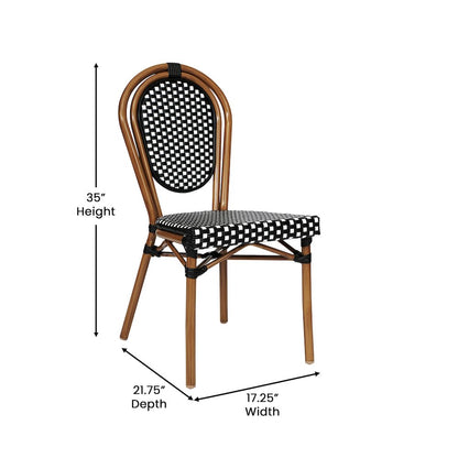 Bistro Stacking Chair, Black and White PE Rattan and Bamboo Print Aluminum Frame