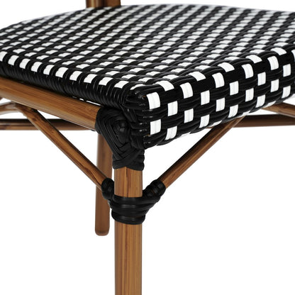 Bistro Stacking Chair, Black and White PE Rattan and Bamboo Print Aluminum Frame