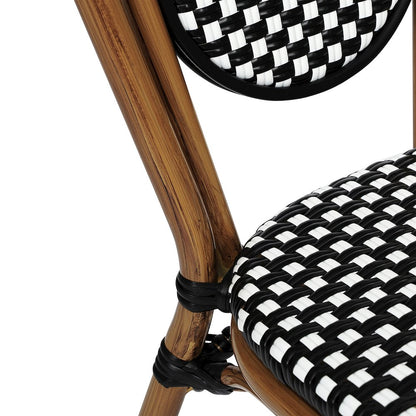 Bistro Stacking Chair, Black and White PE Rattan and Bamboo Print Aluminum Frame