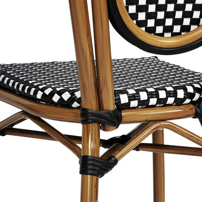 Bistro Stacking Chair, Black and White PE Rattan and Bamboo Print Aluminum Frame