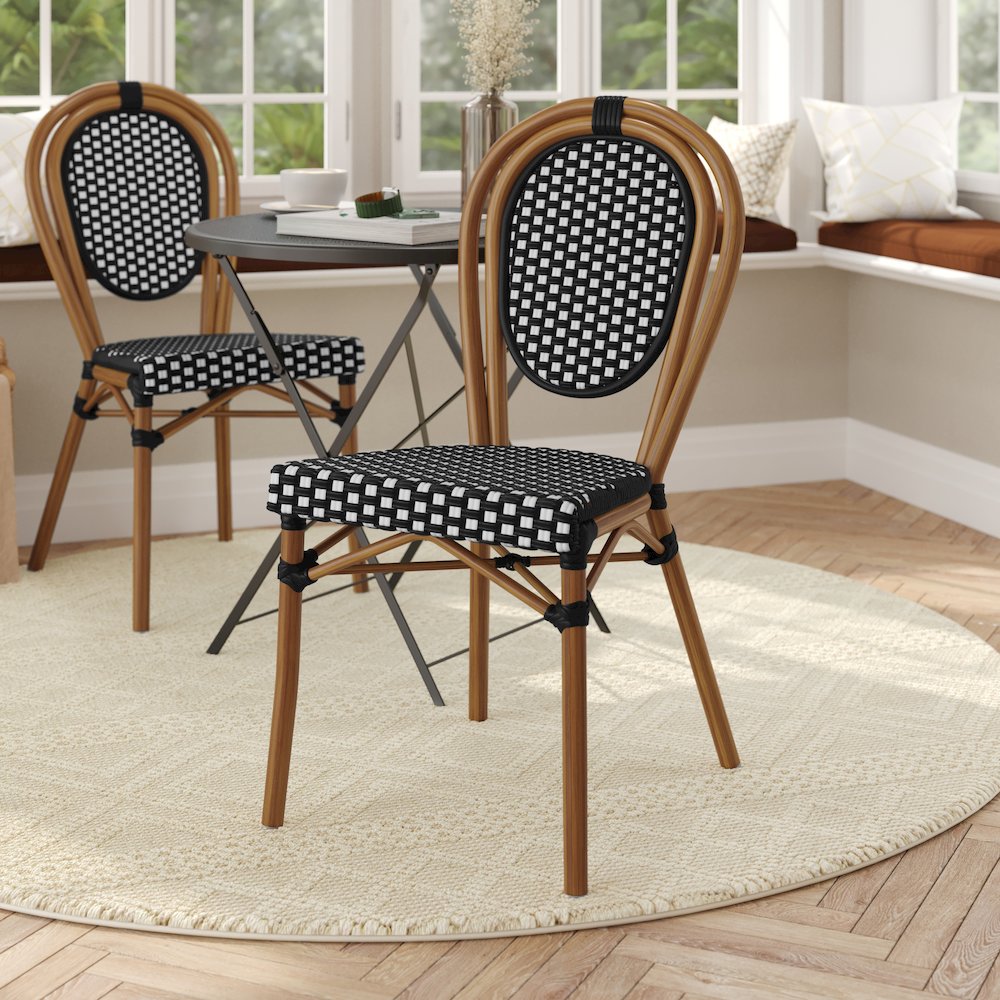 Bistro Stacking Chair, Black and White PE Rattan and Bamboo Print Aluminum Frame