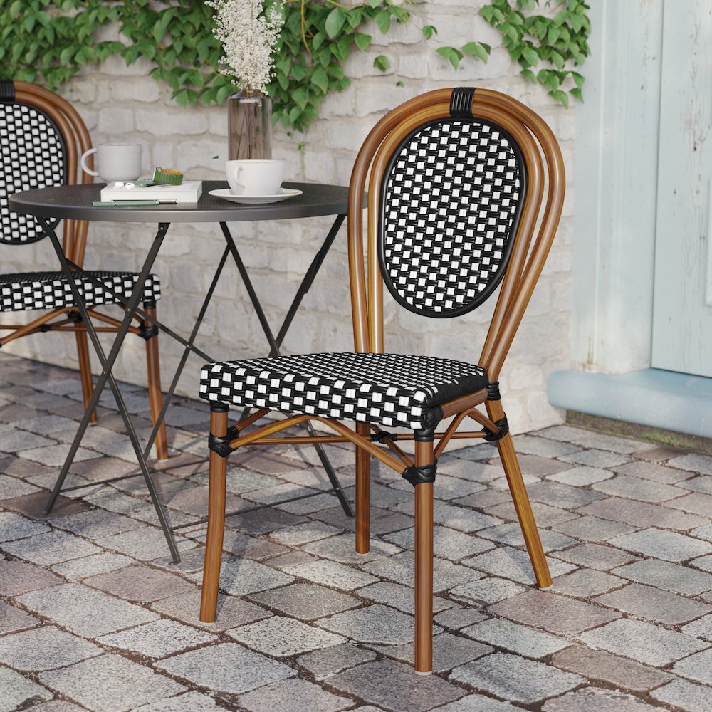 Bistro Stacking Chair, Black and White PE Rattan and Bamboo Print Aluminum Frame