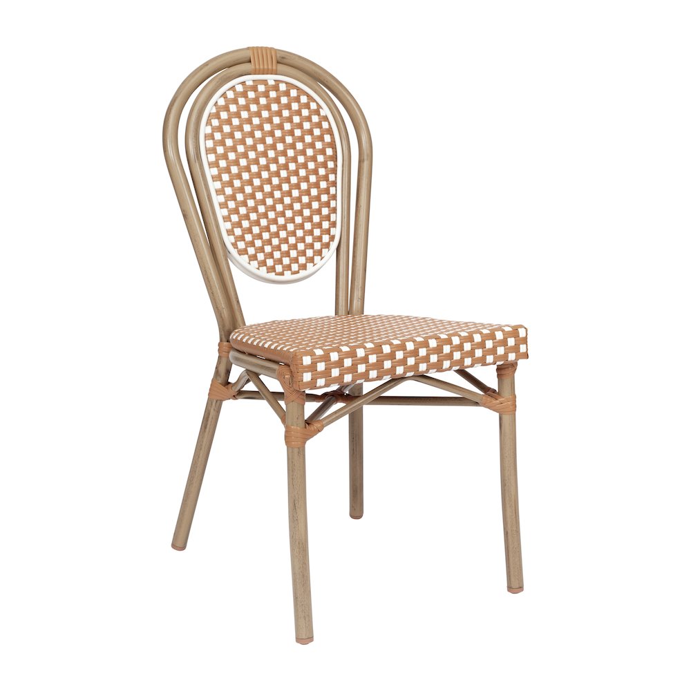 Bistro Stacking Chair, Natural/White PE Rattan and Bamboo Print Aluminum Frame