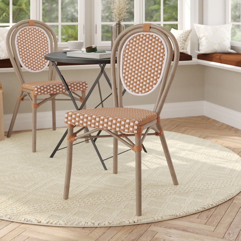 Bistro Stacking Chair, Natural/White PE Rattan and Bamboo Print Aluminum Frame