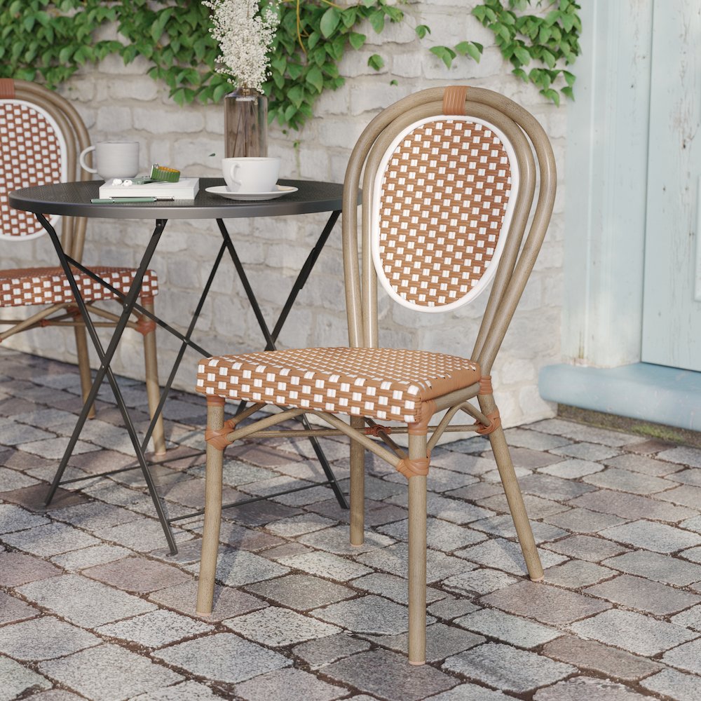 Bistro Stacking Chair, Natural/White PE Rattan and Bamboo Print Aluminum Frame