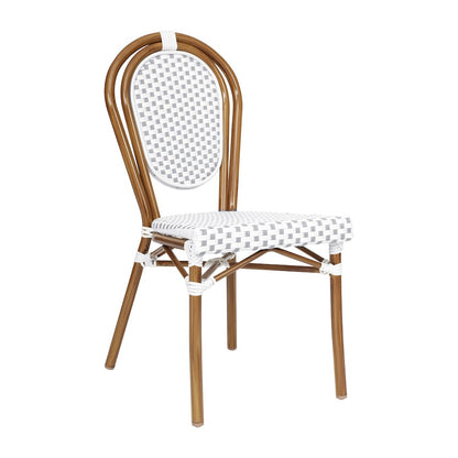 Bistro Stacking Chair, White and Gray PE Rattan and Bamboo Print Aluminum Frame