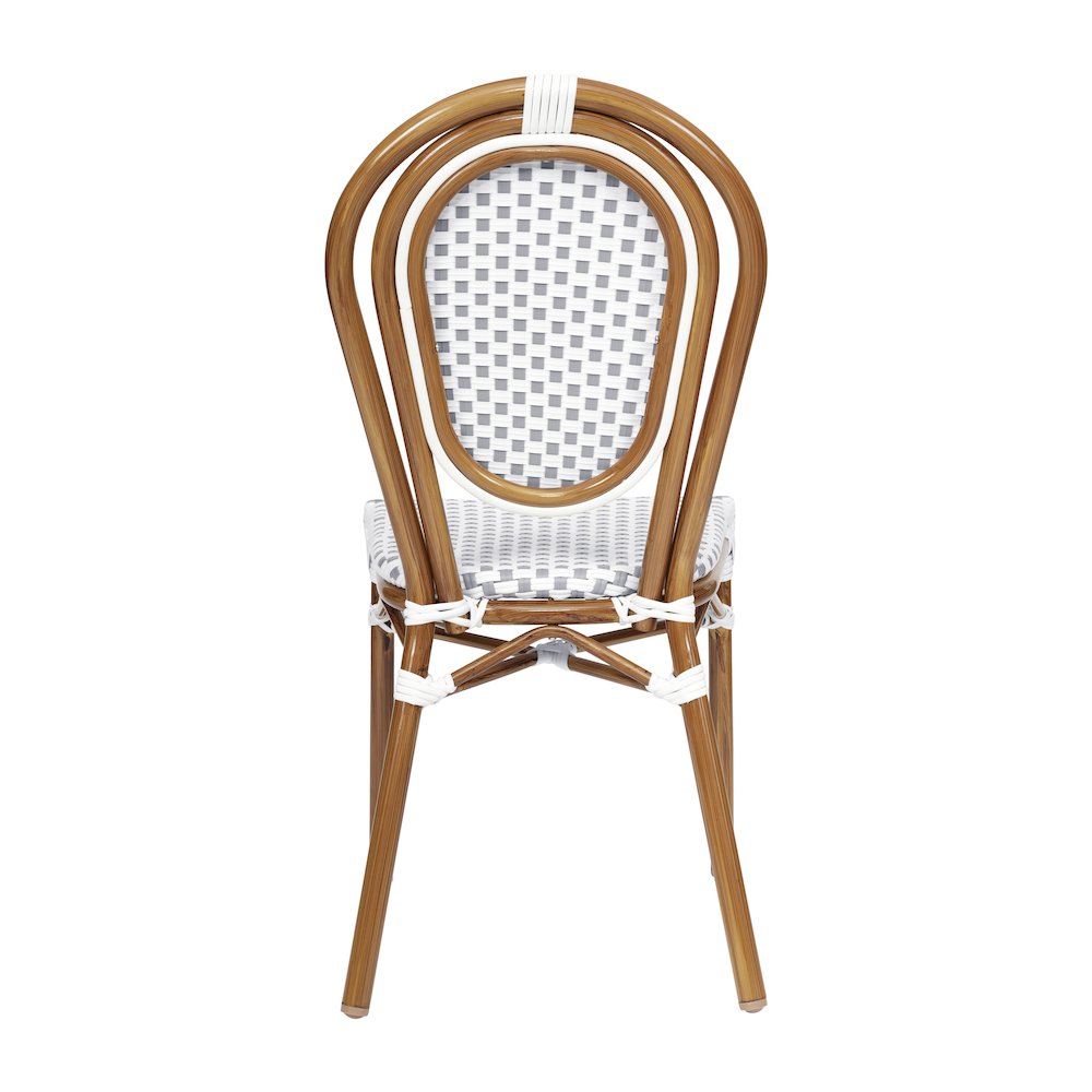 Bistro Stacking Chair, White and Gray PE Rattan and Bamboo Print Aluminum Frame