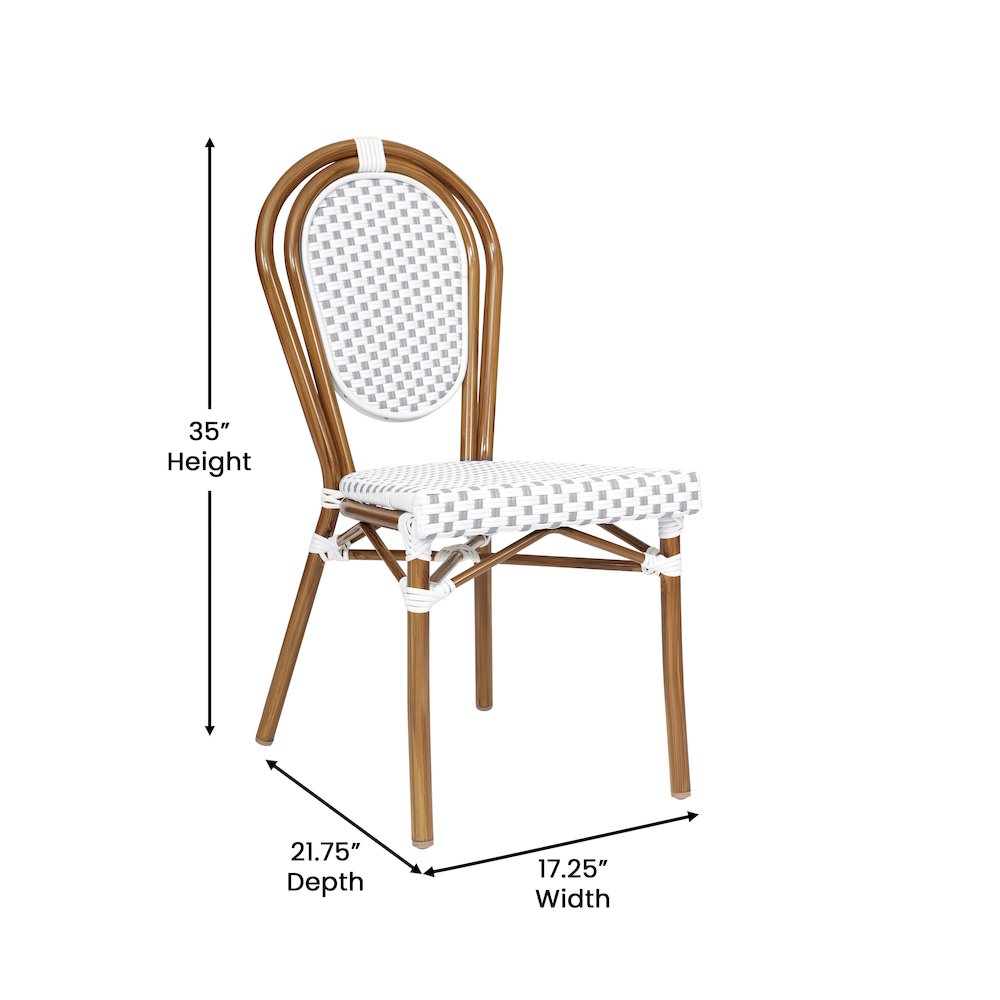 Bistro Stacking Chair, White and Gray PE Rattan and Bamboo Print Aluminum Frame