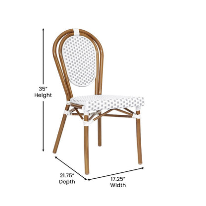 Bistro Stacking Chair, White and Gray PE Rattan and Bamboo Print Aluminum Frame