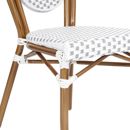 Bistro Stacking Chair, White and Gray PE Rattan and Bamboo Print Aluminum Frame