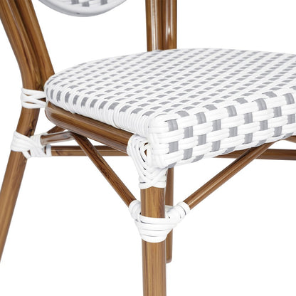 Bistro Stacking Chair, White and Gray PE Rattan and Bamboo Print Aluminum Frame