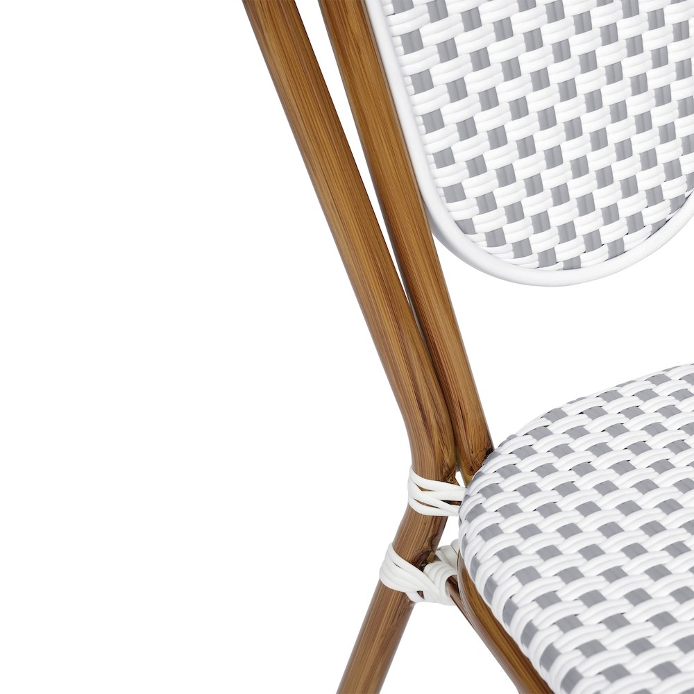 Bistro Stacking Chair, White and Gray PE Rattan and Bamboo Print Aluminum Frame
