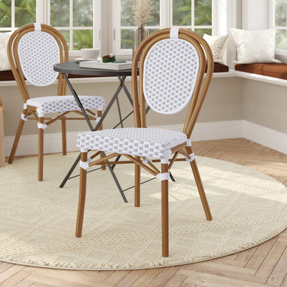 Bistro Stacking Chair, White and Gray PE Rattan and Bamboo Print Aluminum Frame