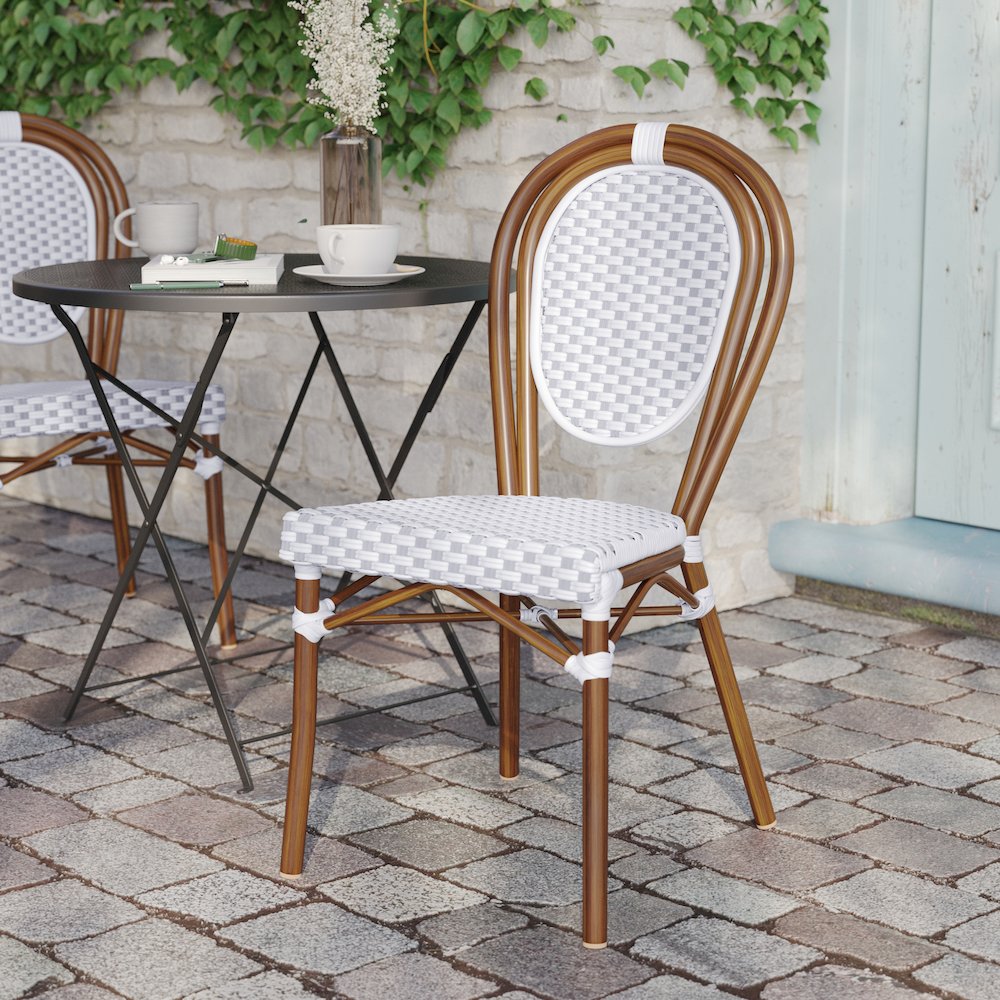 Bistro Stacking Chair, White and Gray PE Rattan and Bamboo Print Aluminum Frame