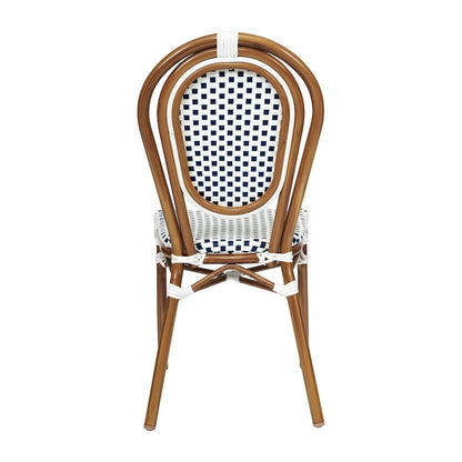 Bistro Stacking Chair, White and Navy PE Rattan and Bamboo Print Aluminum Frame