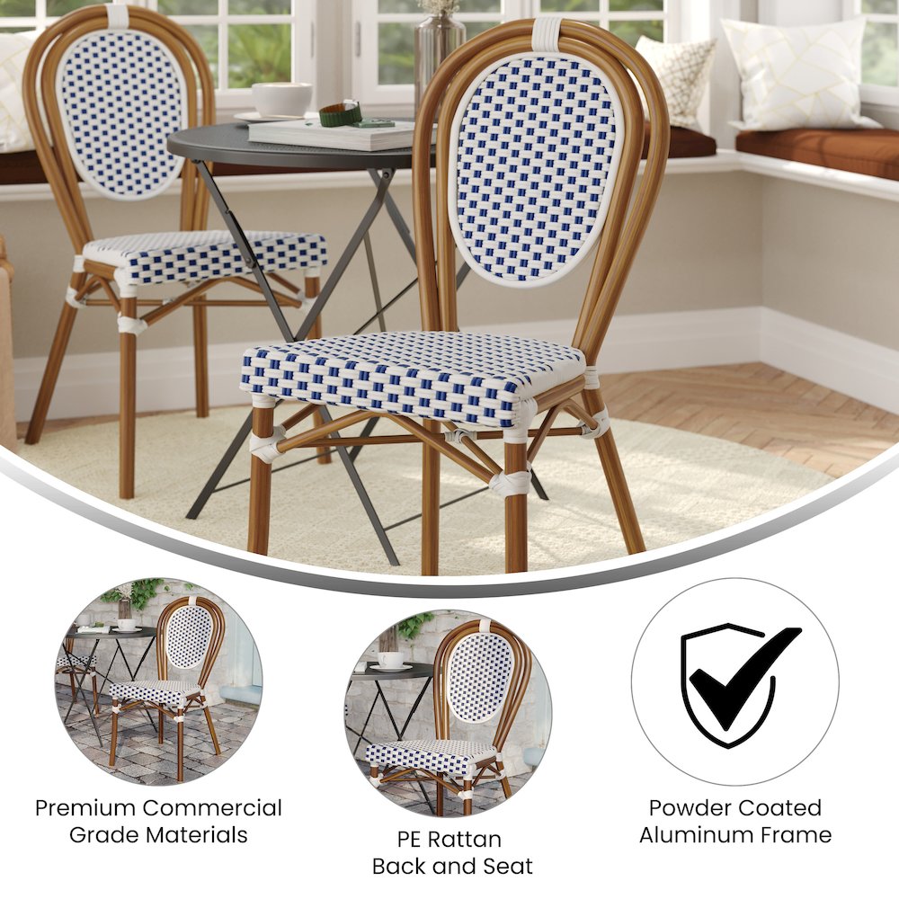 Bistro Stacking Chair, White and Navy PE Rattan and Bamboo Print Aluminum Frame
