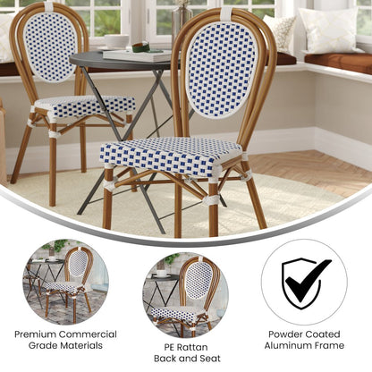 Bistro Stacking Chair, White and Navy PE Rattan and Bamboo Print Aluminum Frame