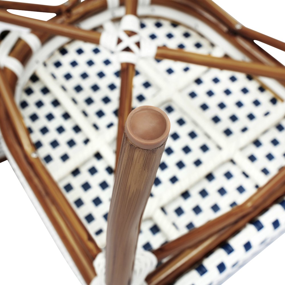 Bistro Stacking Chair, White and Navy PE Rattan and Bamboo Print Aluminum Frame