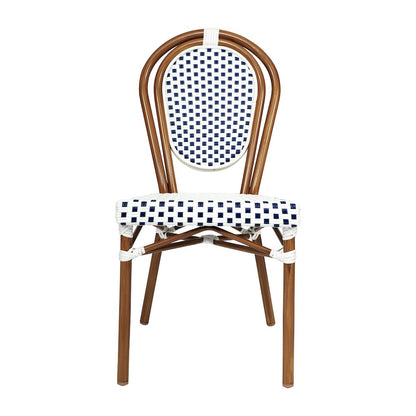 Bistro Stacking Chair, White and Navy PE Rattan and Bamboo Print Aluminum Frame