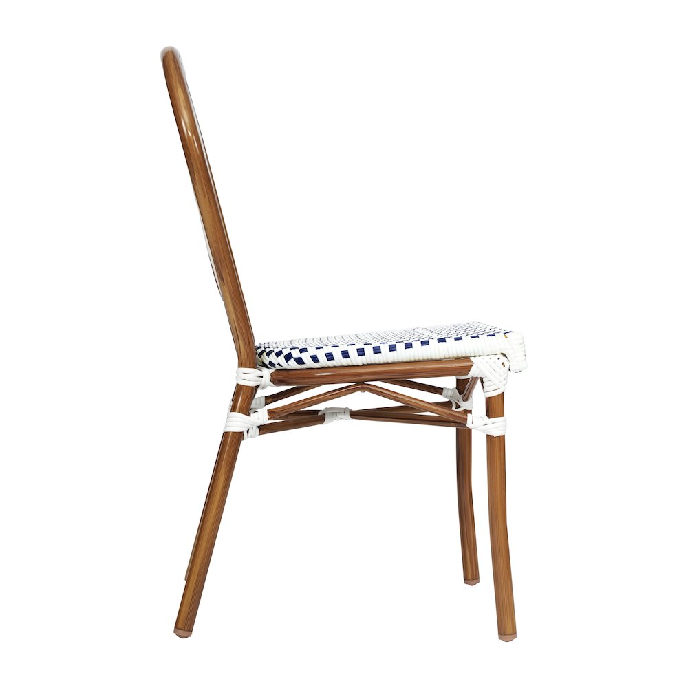 Bistro Stacking Chair, White and Navy PE Rattan and Bamboo Print Aluminum Frame