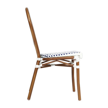 Bistro Stacking Chair, White and Navy PE Rattan and Bamboo Print Aluminum Frame