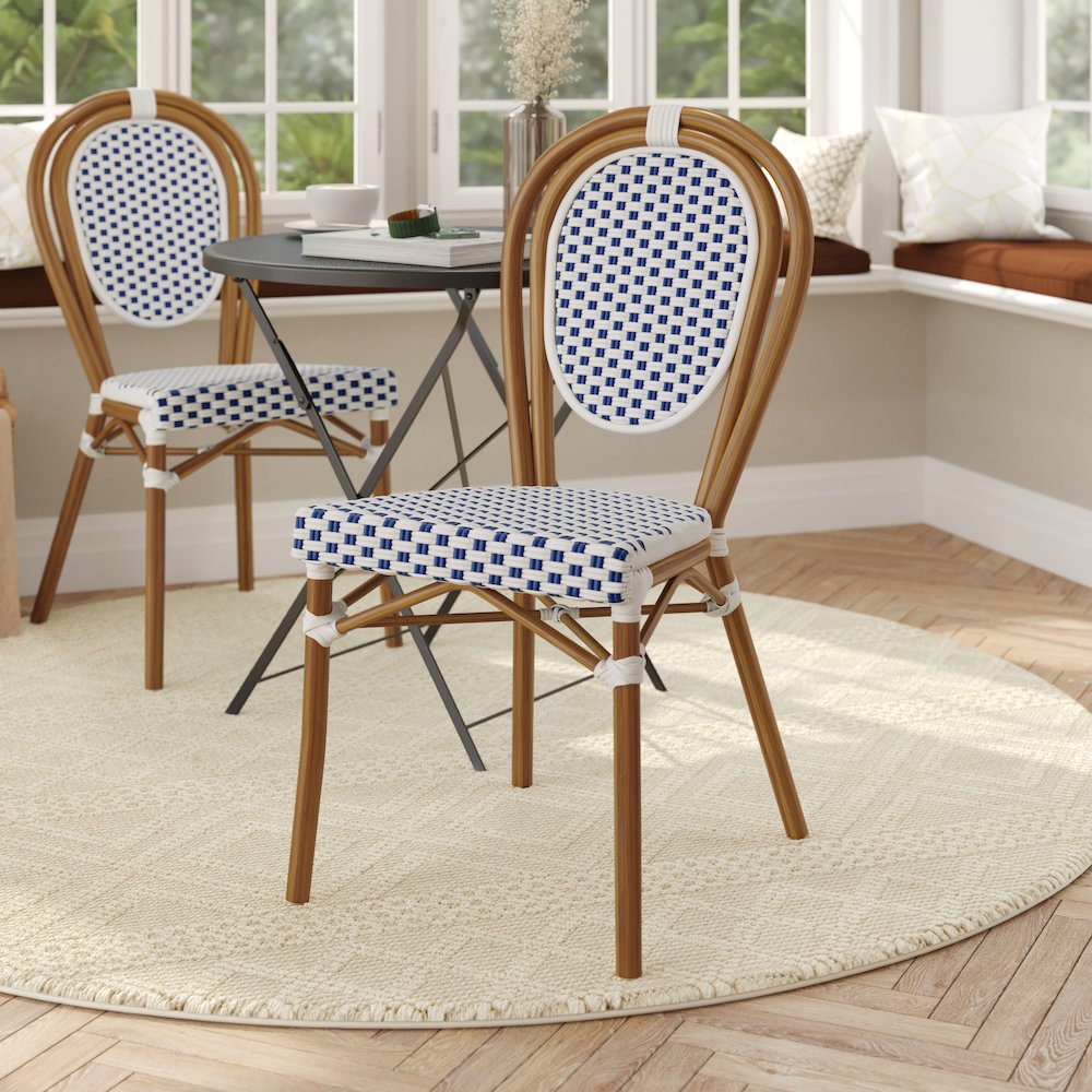 Bistro Stacking Chair, White and Navy PE Rattan and Bamboo Print Aluminum Frame