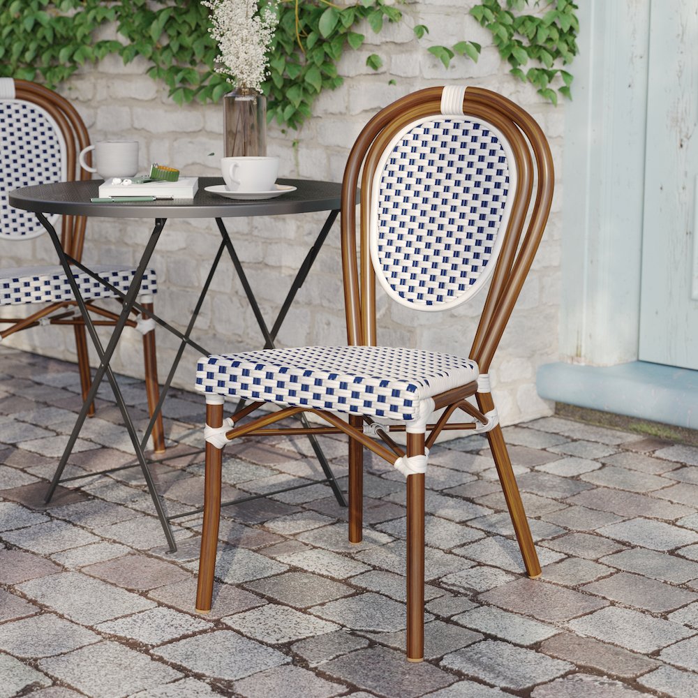 Bistro Stacking Chair, White and Navy PE Rattan and Bamboo Print Aluminum Frame