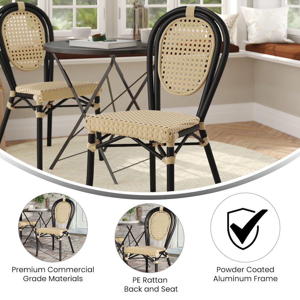 Bistro Stacking Chair, Natural PE Cane Rattan and Black Aluminum Frame