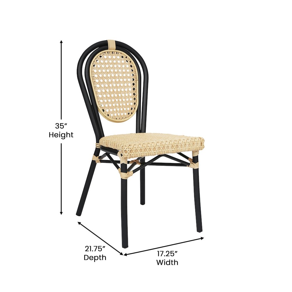 Bistro Stacking Chair, Natural PE Cane Rattan and Black Aluminum Frame