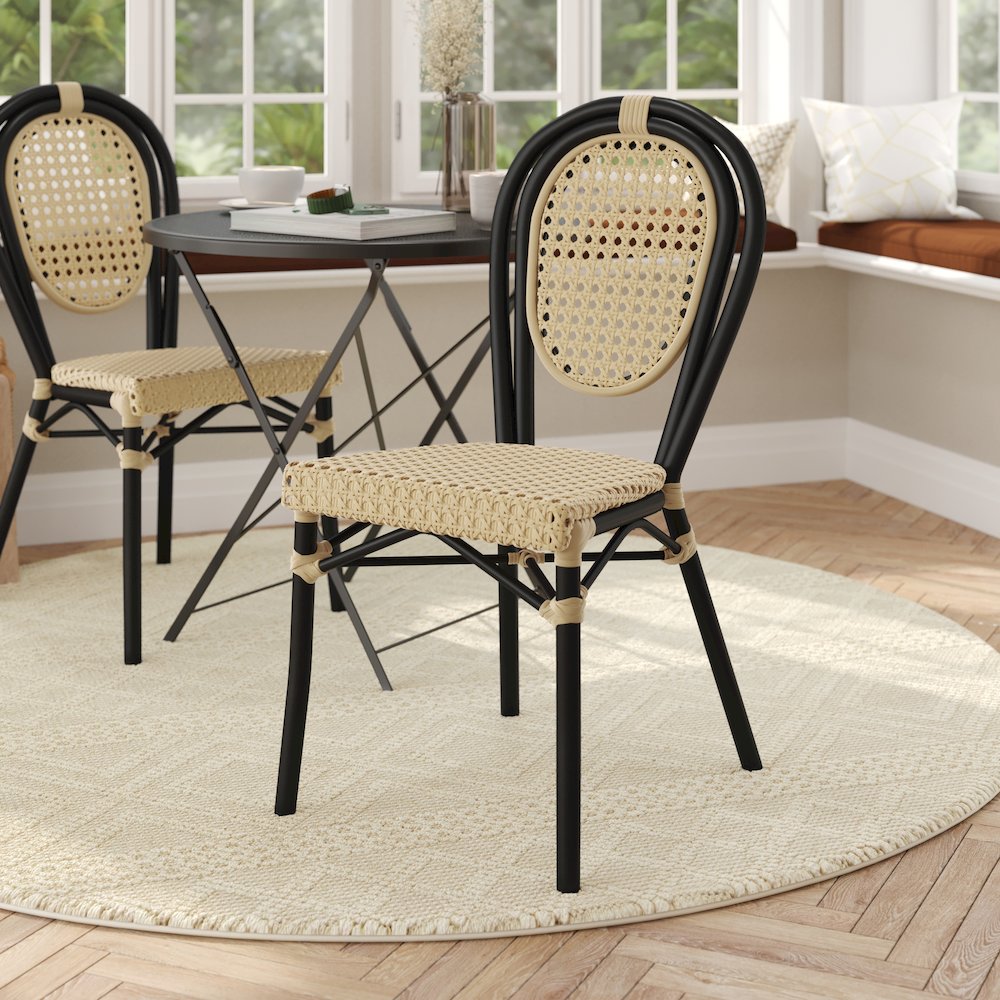 Bistro Stacking Chair, Natural PE Cane Rattan and Black Aluminum Frame
