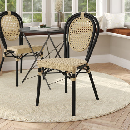 Bistro Stacking Chair, Natural PE Cane Rattan and Black Aluminum Frame