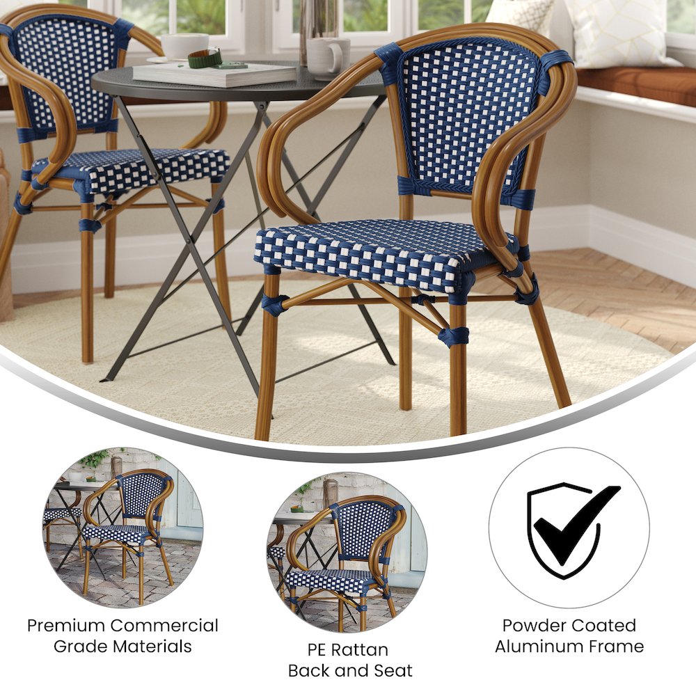 Classic Commercial Grade Indoor/Outdoor Bistro Chair, Navy & White/Natural Frame