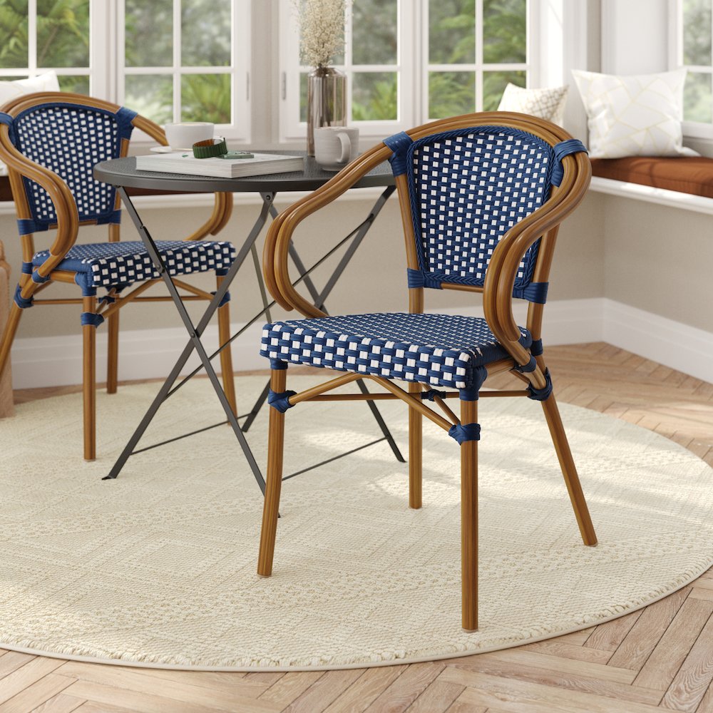 Classic Commercial Grade Indoor/Outdoor Bistro Chair, Navy & White/Natural Frame