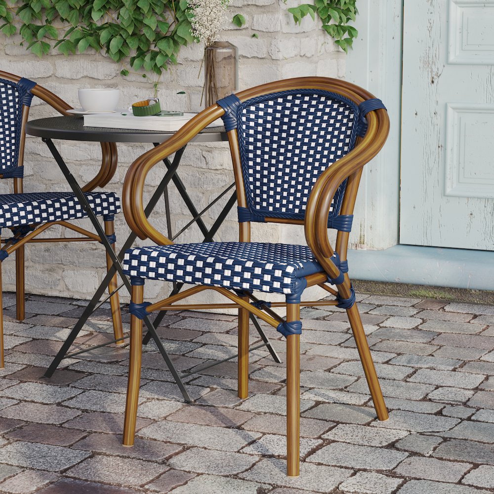 Classic Commercial Grade Indoor/Outdoor Bistro Chair, Navy & White/Natural Frame