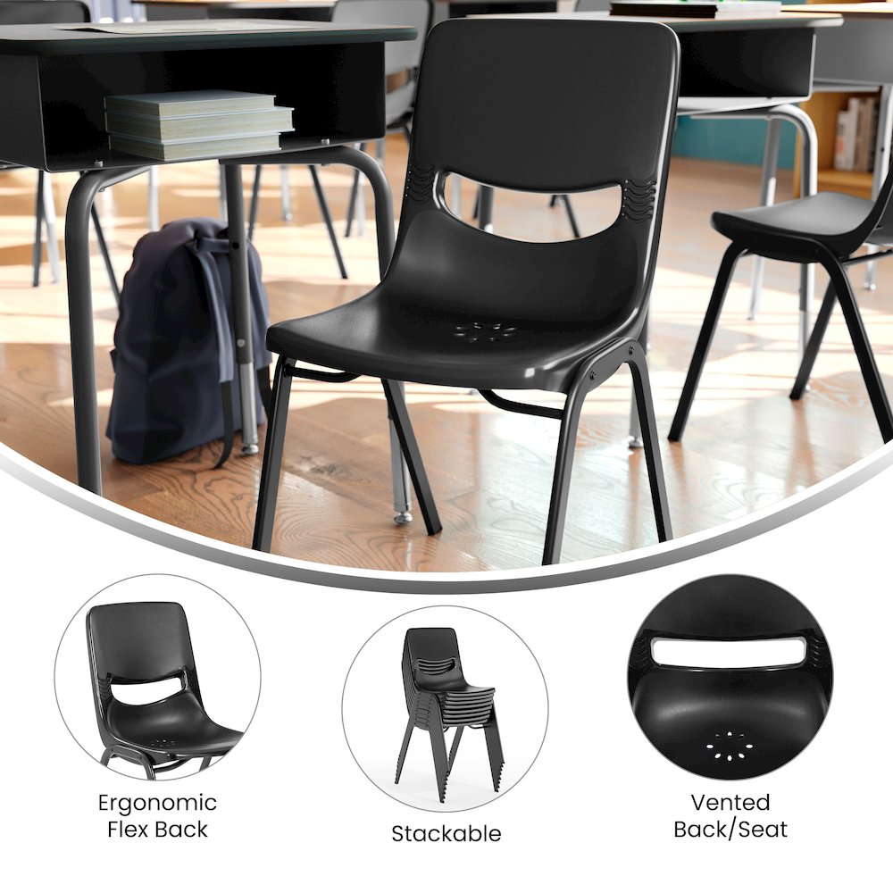 Classroom Stack Chair with Powder-Coated Frame and Black Ergonomic Back and Seat