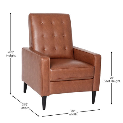 Upholstered Button Tufted Pushback Recliner in Cognac Brown for Residential, Use