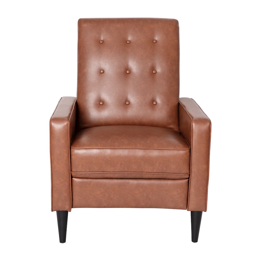 Upholstered Button Tufted Pushback Recliner in Cognac Brown for Residential, Use