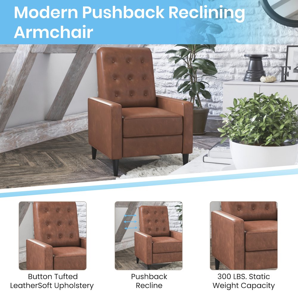 Upholstered Button Tufted Pushback Recliner in Cognac Brown for Residential, Use