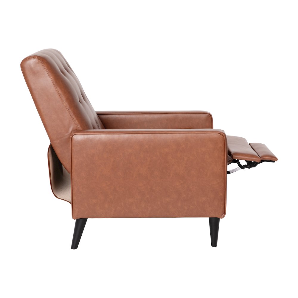 Upholstered Button Tufted Pushback Recliner in Cognac Brown for Residential, Use