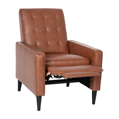 Upholstered Button Tufted Pushback Recliner in Cognac Brown for Residential, Use