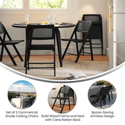 Set of 2 Commercial Cane Rattan Folding Dining and Event Chairs, Black